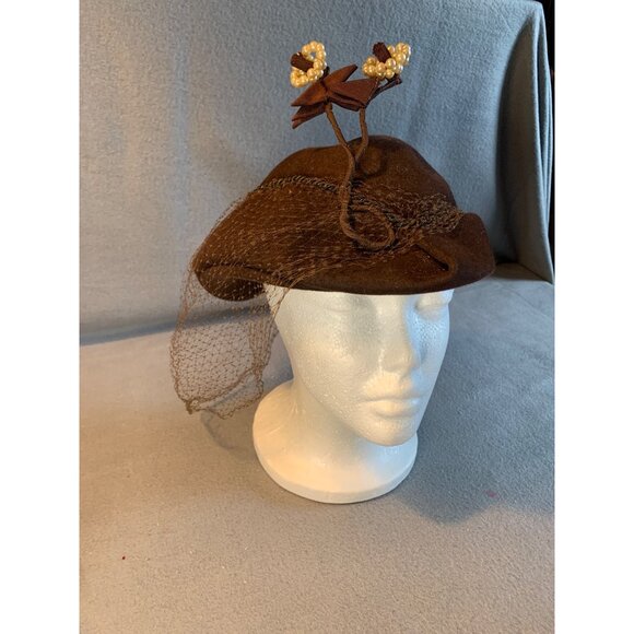 Ladies Brown Hat with Beaded Flowers and Netting by Boston Store Sz 22.5 - Picture 9 of 9